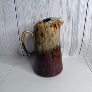Vintage Handmade Brown Drip Glazed Pottery Pitcher with Ice Lip 1980s 1970s
